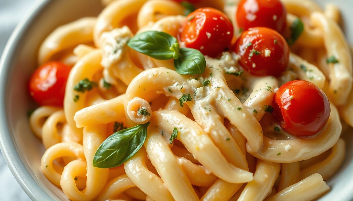 "A bowl of creamy Boursin tomato pasta garnished with fresh basil and cracked black pepper, served in a rustic dish on a wooden table."