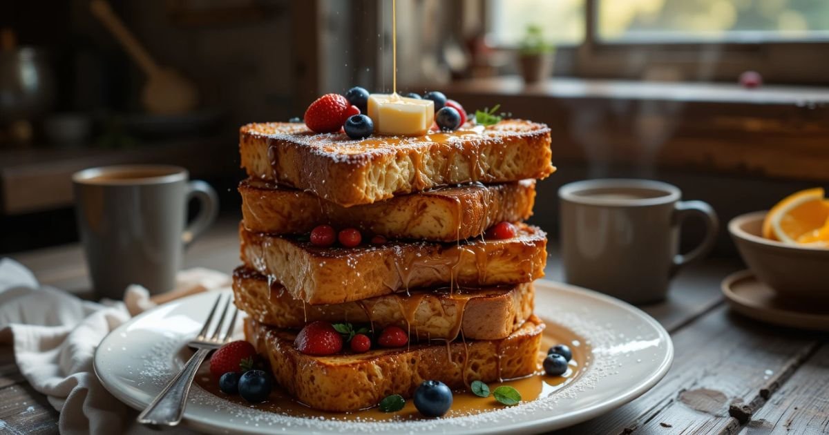 A rustic wooden table with natural lighting, featuring thick slices of Classic French Toast stacked on a white ceramic plate. The toast has a golden-brown crust, with a drizzle of maple syrup, fresh strawberries, and blueberries. Add a dusting of powdered sugar, a sprinkle of cinnamon, and a pat of butter melting on top. Include a vintage fork beside the stack and a background of a cozy kitchen window with morning sunlight. Optional props: a coffee mug filled with coffee and a small bowl of fresh orange slices.
